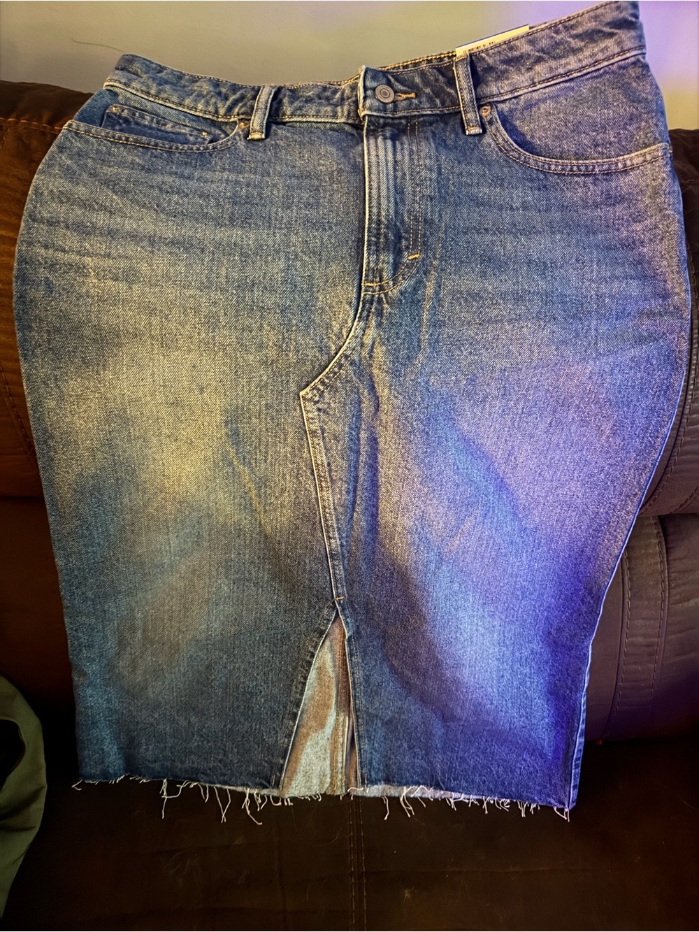 Lucky Brand Classic Blue Denim Midi Skirt with Front Slit size 10